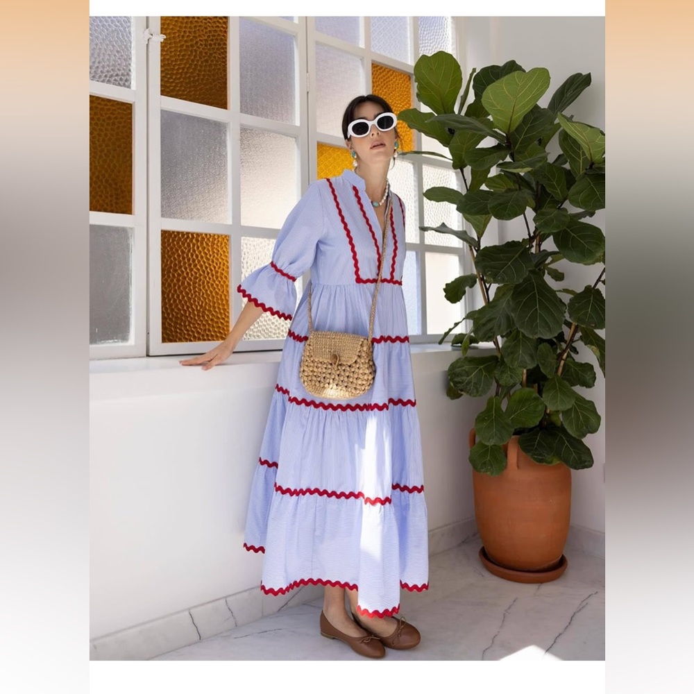 utcoco Summer Beach Boho Striped Flutter 3/4 Sleeve A Line Flowy Long Dress. - Picture 4 of 15